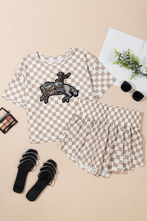 Rodeo Queen Sequin Graphic Checkerboard Crop Top Shorts Set